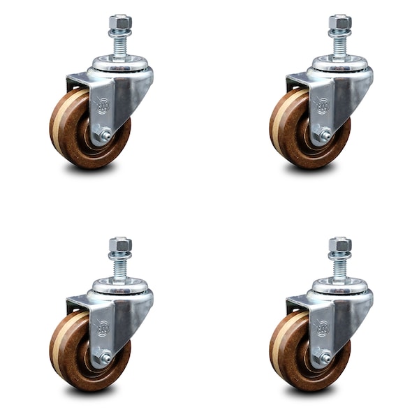 3 Inch High Temp Phenolic Wheel Swivel 10mm Threaded Stem Caster Set SCC